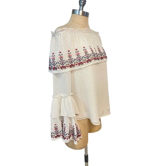 White House Black Market Off the Shoulder Embroidered Swiss Dot Blouse Medium - Picture 5 of 8